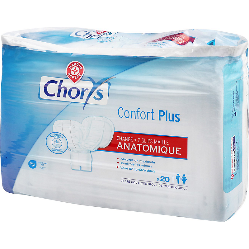 3564700052389 Chorys Confort Plus – Change anatomique avec 2 slips maille – Sachet de 20 protections – Image 1